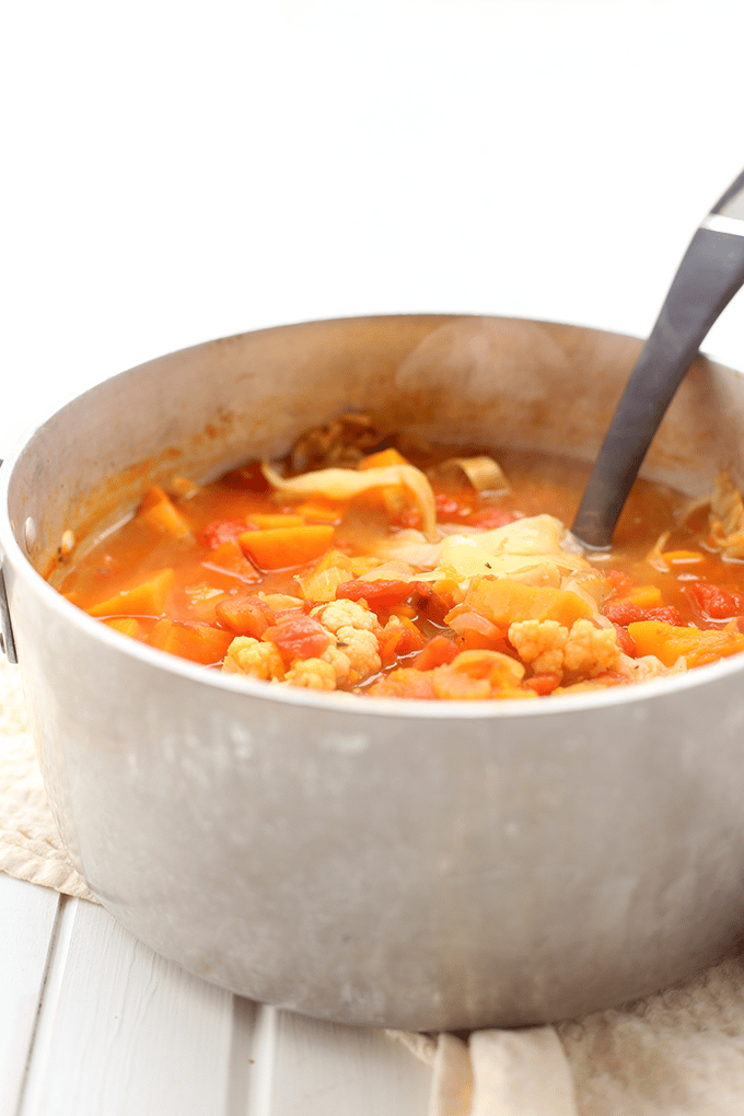 Bowl of healthy vegetable soup in a large pot.