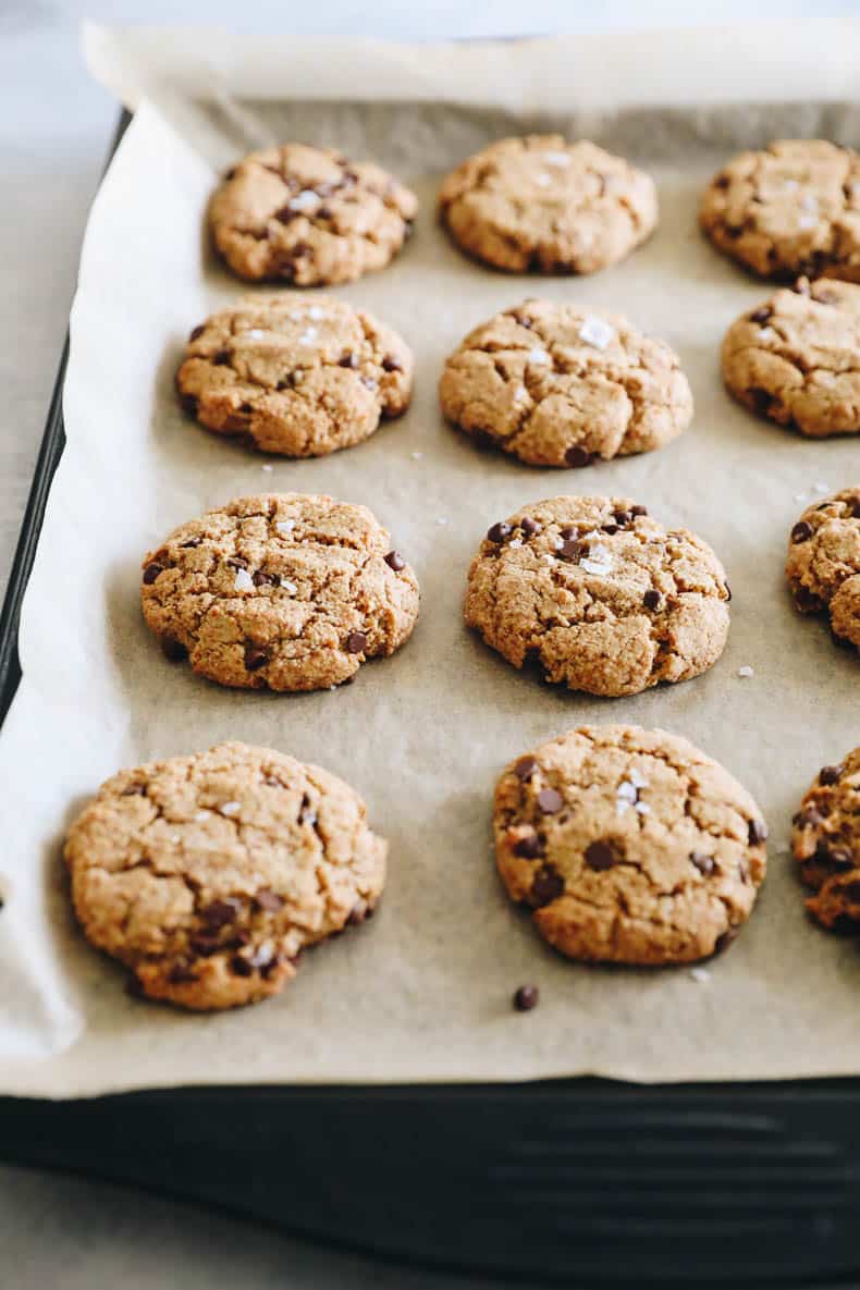 Baked almond flour cookies on a baking sheet with parchment paper.