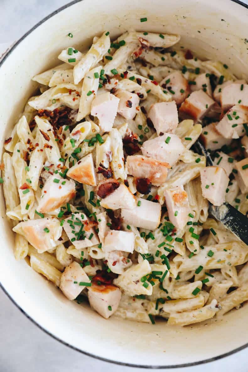 chicken bacon ranch pasta in a large pot.