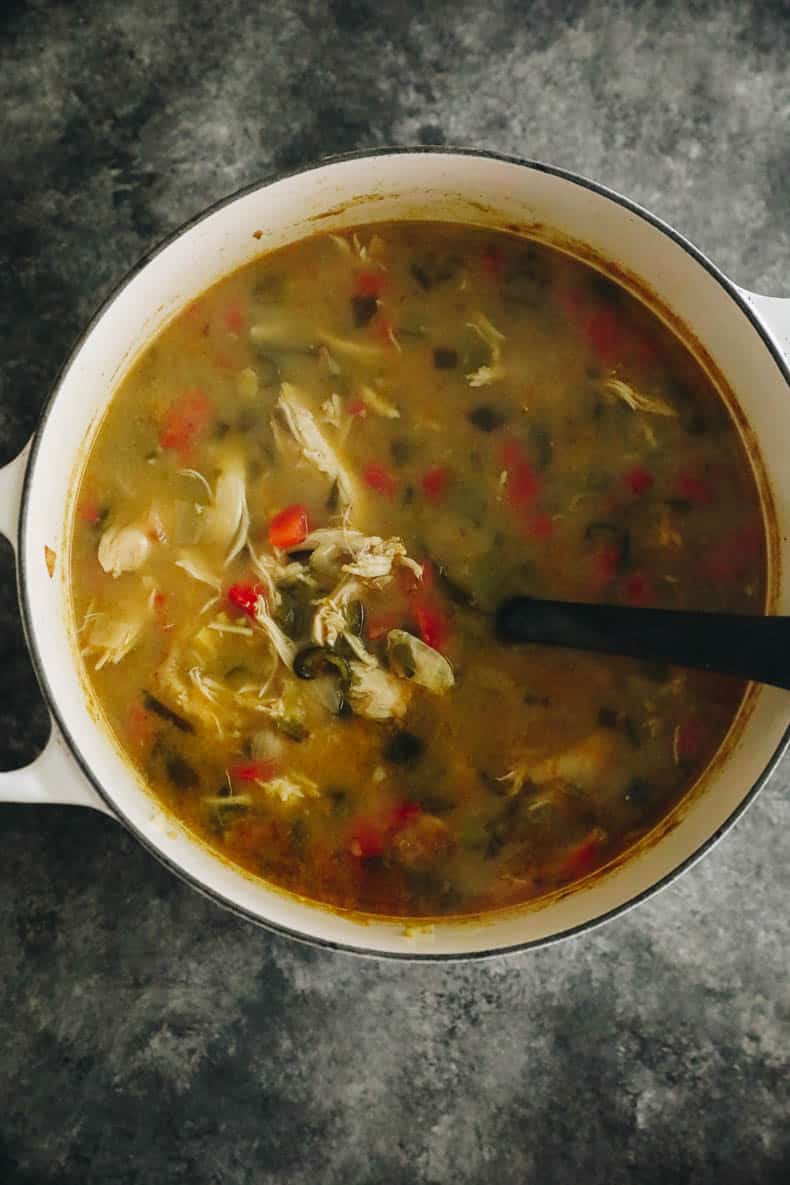 chicken poblano soup in a large dutch oven.