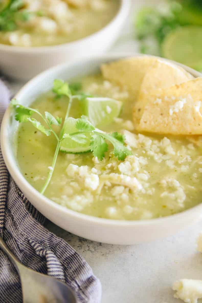 Close up of pozole verde in a bowl