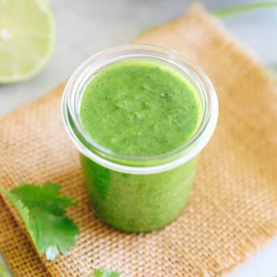 cilantro lime dressing in a mason jar.