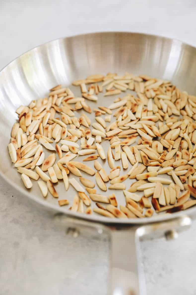 toasted slivered almonds in a shallow pan.