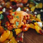 chicken thighs marinated in harissa sauce with veggies on a sheet-pan.