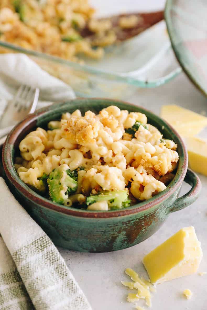 Healthy Mac and Cheese in a green bowl.