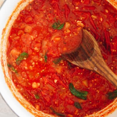 homemade tomato sauce in a large dutch oven.