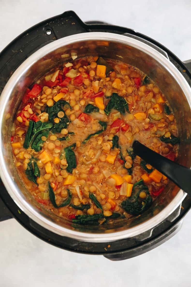 Cooked lentil soup in an Instant Pot.