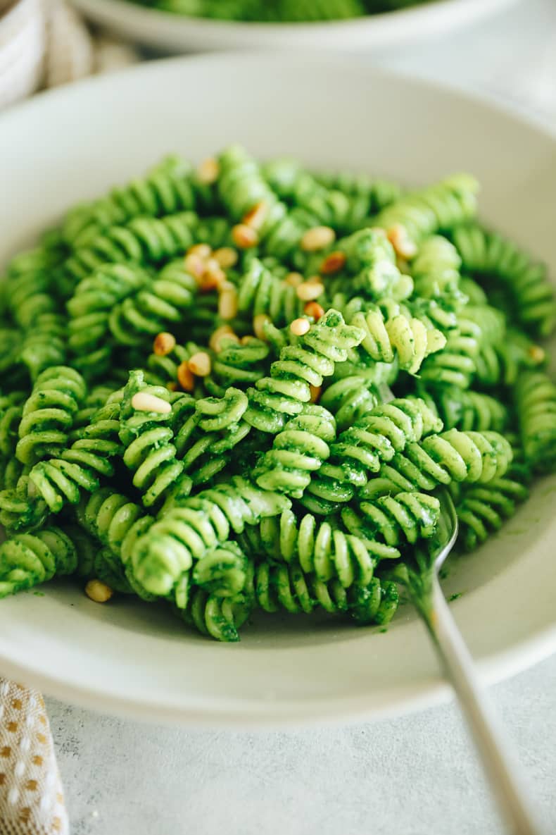 bowl of kale pesto on pasta