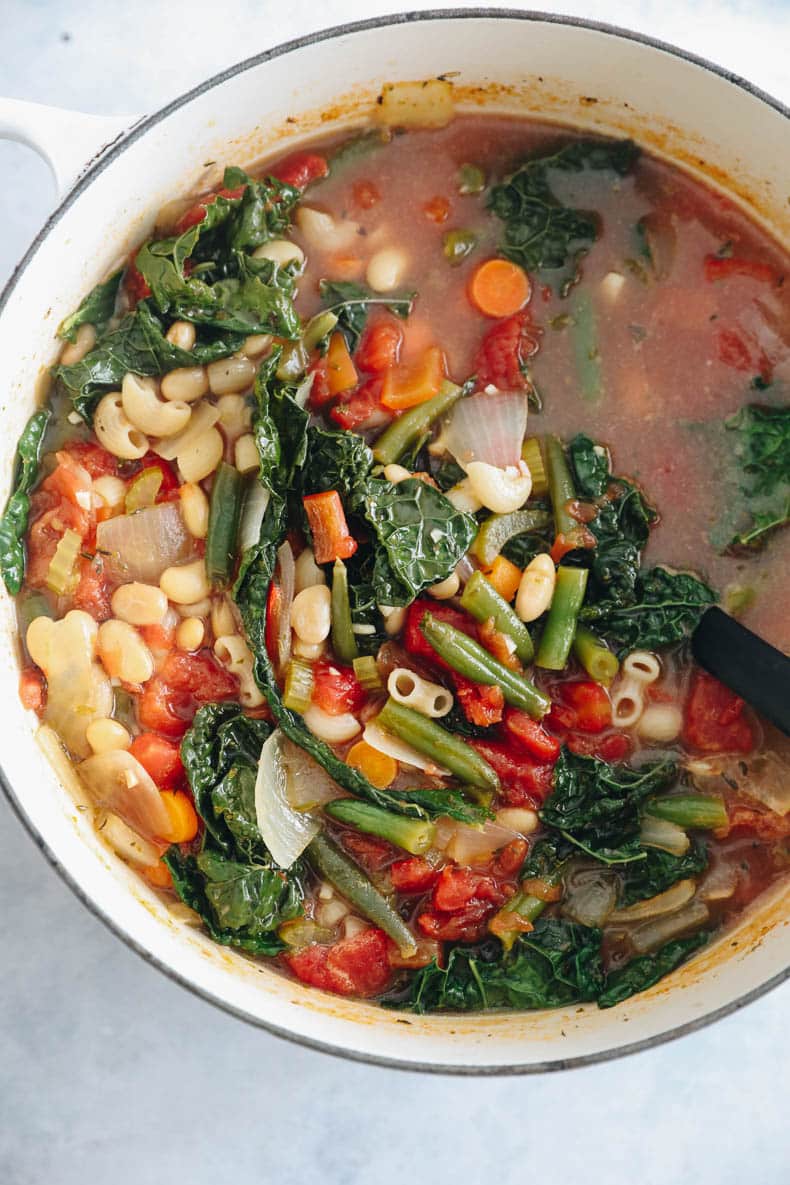 Minestrone soup in a large dutch oven.