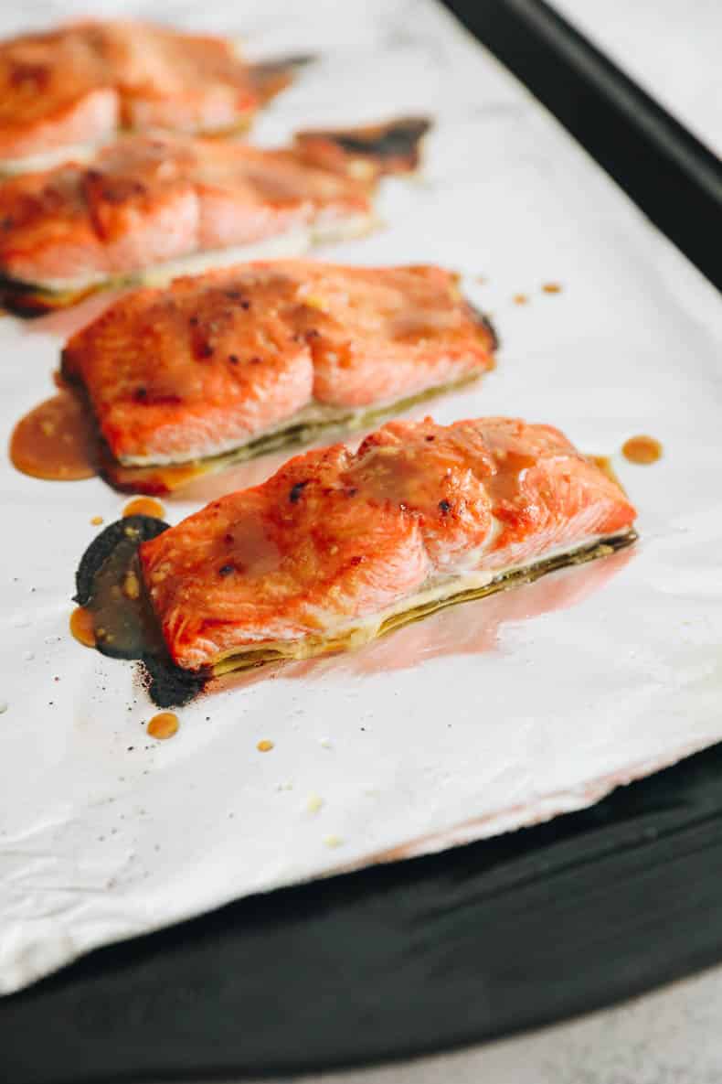 broiled miso salmon recipe on a baking sheet lined with tinfoil.