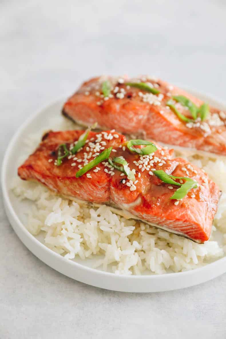 miso salmon on a plate with rice