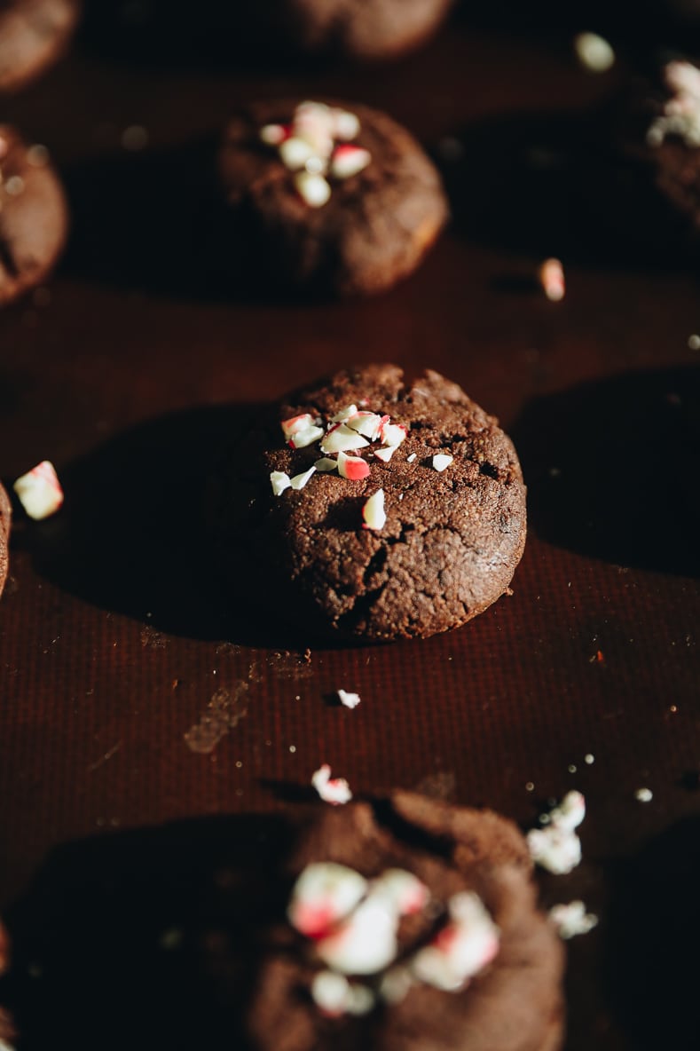 chocolate peppermint cookie on a baking sheet