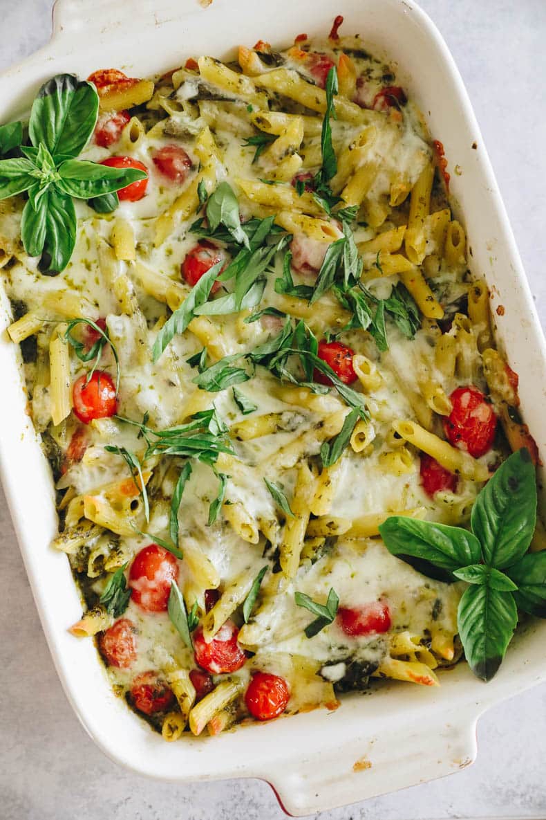 Overhead photo of pesto pasta bake in a casserole dish