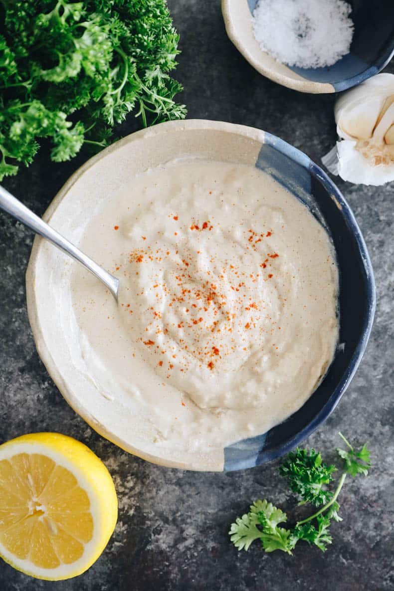 tahini sauce in a bowl.