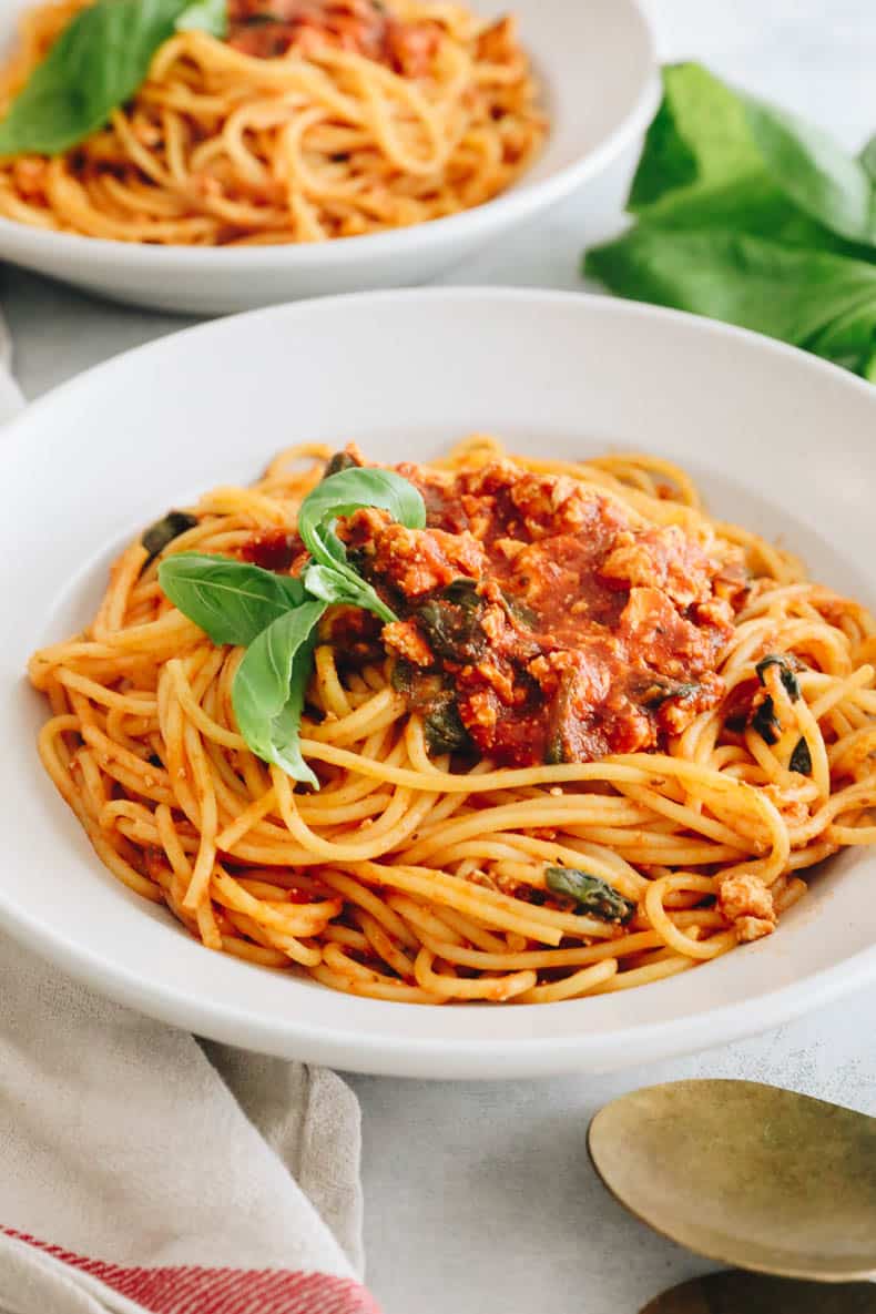 Tofu pasta in a white bowl.